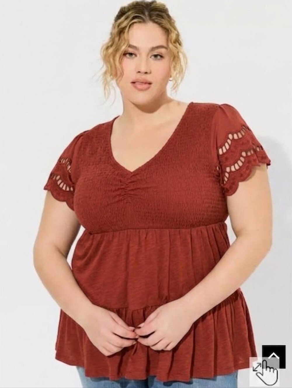 Cotton Modal Slub V-Neck Smocked Bodice Eyelet Sleeve Babydoll Top